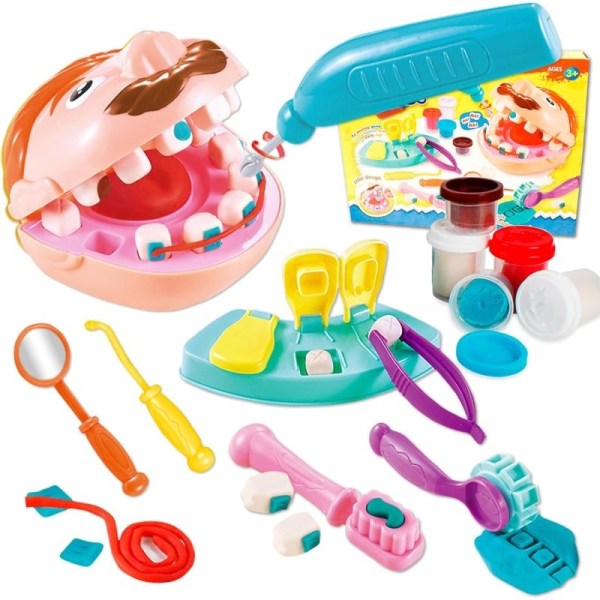 Tandlægefarvedejsæt, tandværktøjssæt gør-det-selv-legesæt legetøj til småbørn fra 3 år og opefter, kunst- og håndværksgave med forme, modeller