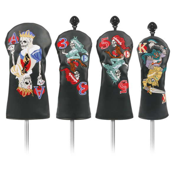 Golf trækøllebetræk Skull Poker broderi og pu lædermateriale Premium golfkøllebetræk, sort (4 stykker sæt)