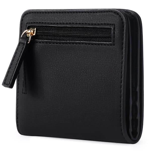 Small Compact Bi-fold Luxury Genuine Leather Wallet Mini Purse for Women with ID Window (Black)