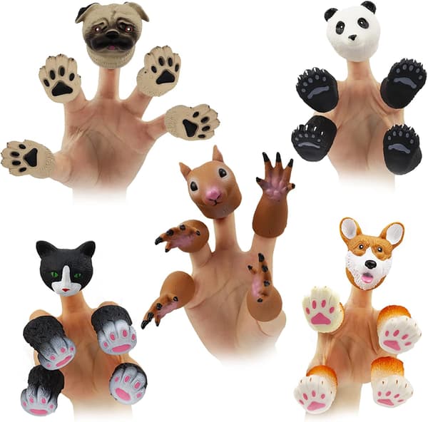 Søde dyrefingerdukker legetøj 5 sæt, Panda, Egern, Kat, Shiba Inu, Mops, Rollespil dyredukker