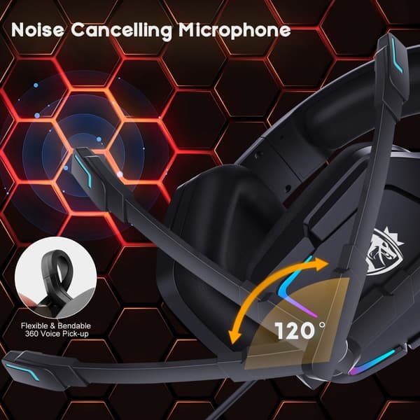 Wired Gaming Headset Black RGB Lighting with 3.5mm Single Plug and Y-Splitter Audio Cable, Compatible with PS4, PS5, Xbox, Nintendo Switch