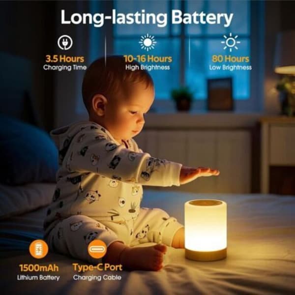 Touch Bedside Lamp - 4 Modes & 256 RGB Colors with Night Light, USB Rechargeable