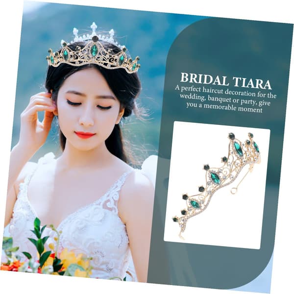 Barock Strass Tiara Krona Håraccessoarer för Brudar, Guldbas Smaragdgröna Ädelstenar Bröllopspannband Brud