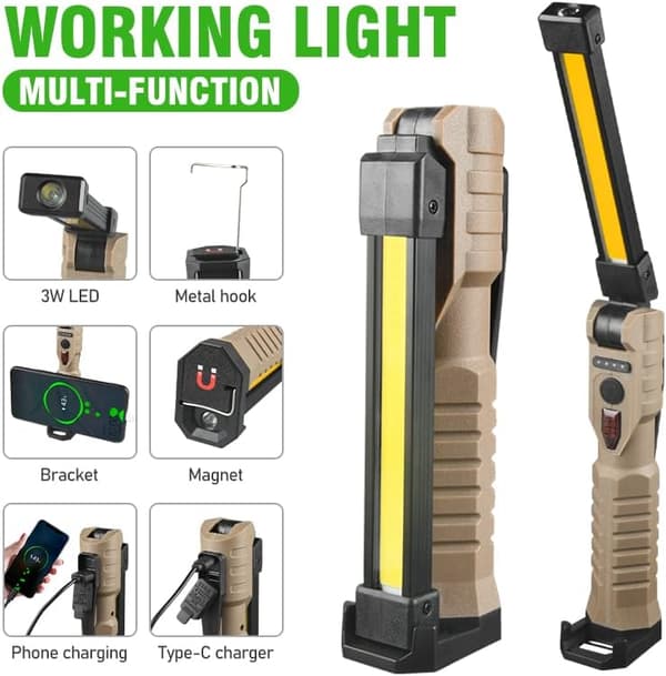 Rechargeable Magnetic LED Work Light - Foldable Stand with Hook, 180° Rotation, for Mechanics, Car Repair, Camping & Emergencies