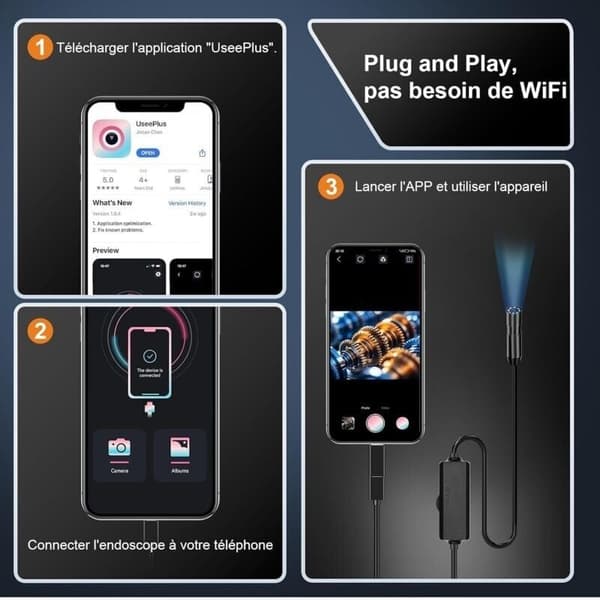 1920 HD Endoscopic Inspection Camera Snake with 8 LED No WiFi Sewer Inspection Camera for Android and iOS 5M