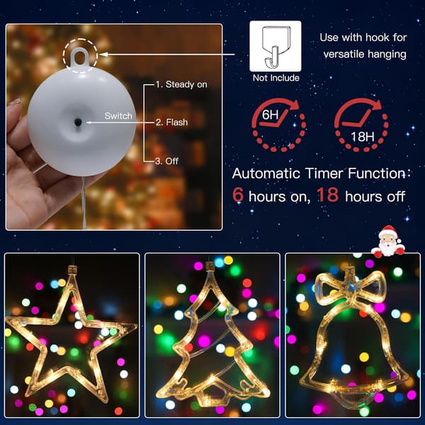 wxsp Christmas Window Lights Decorations, 3pcs Tree-Bell-Star Shaped Christmas Lights Battery Operated with Suction Cups & Timer, Hanging String