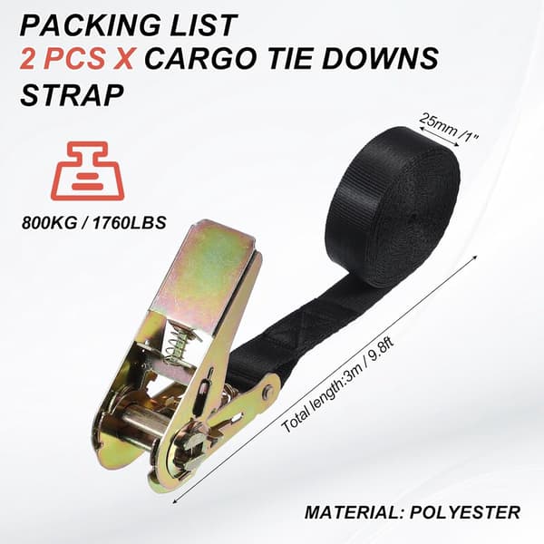 2 Tie-Down Straps - 2.5 cm x 3 m, Ratchet Tie-Down Straps, 800 kg Breaking Strength - for Cargo, Motorcycles - Black