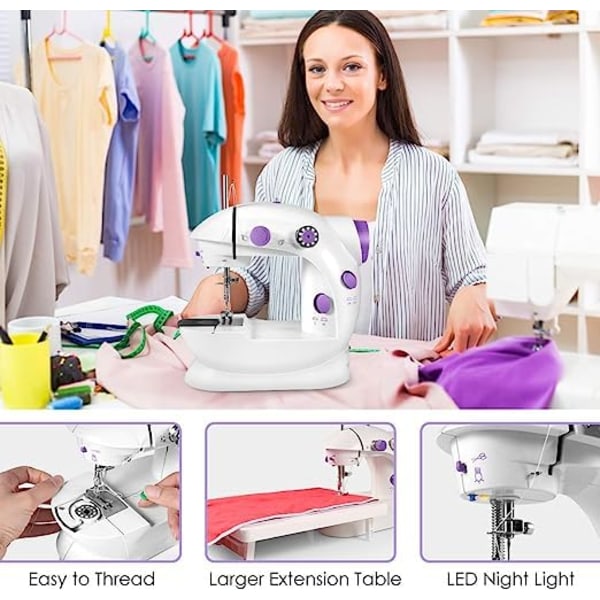 Bärbar symaskin Mini elektrisk hushållssömnad Lagning Symaskiner Multifunktionshemsömnad, nybörjare, barn (lila)