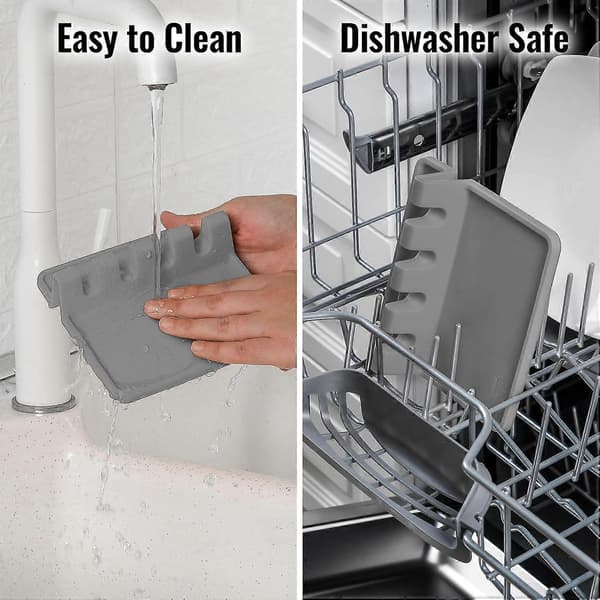 Silicone Utensil Rest with Drip Pad - BPA-Free Spoon Holder (Grey)