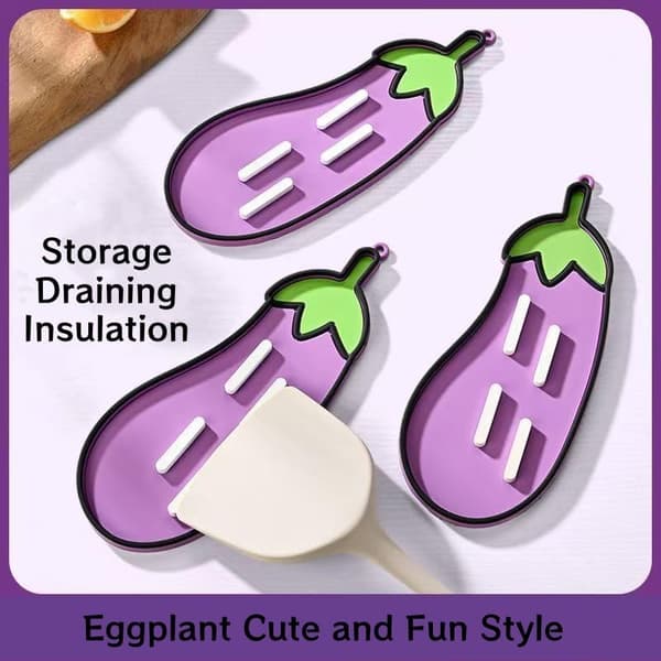 3-pack Eggplant Silicone Pot Lid Holder & Mini Drying Mat - Non-Slip Heat-Resistant Kitchen Counter Organizer