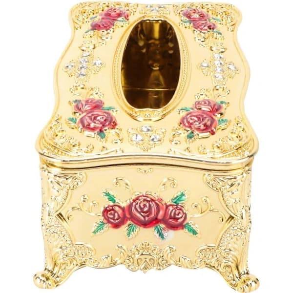Decorative Tissue Box with Antique Decorations for Bedroom, Office, Kitchen, Dressing Table, Red Gold