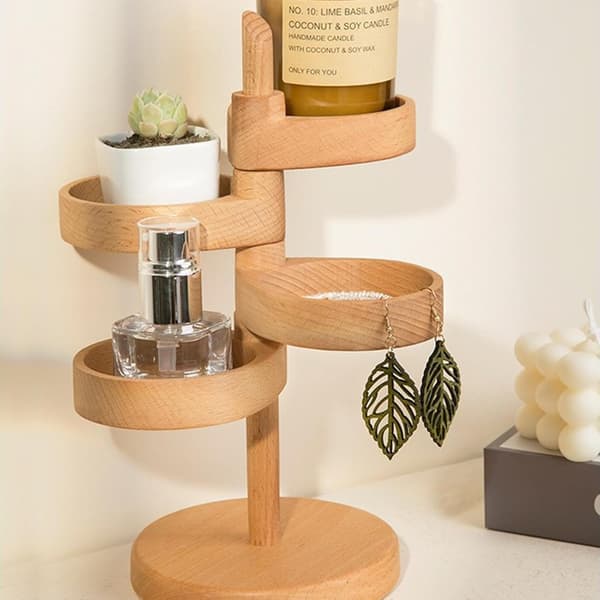 Rotating Wooden Display Stand - 4-Tier Spiral Earring and Jewelry Organizer, Adjustable Perfume Storage Box with Decorative Design