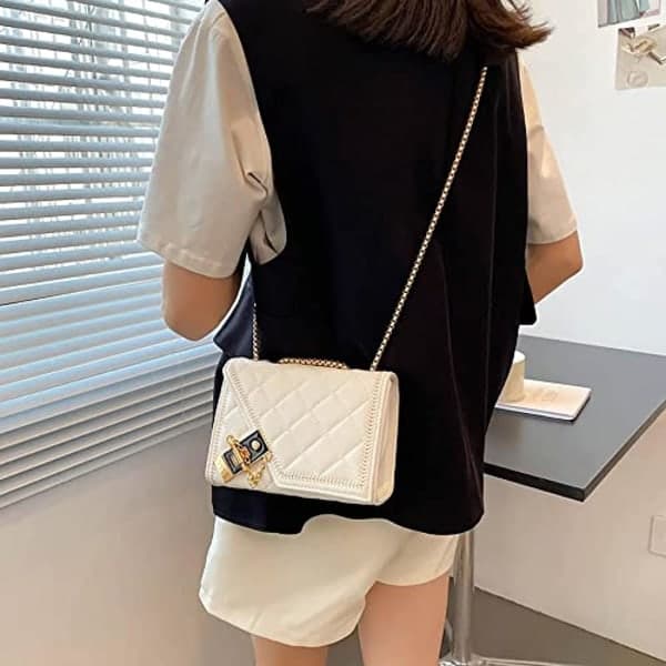 Tab PU Leather Shoulder Bag Chain Square Wallet, White