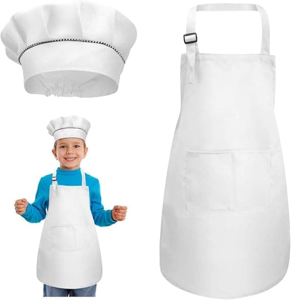 Hvit - Forkle + kokkehattsett, justerbart barneforkle med lommer for matlaging, baking og maling, for barn fra 4 til 12 år