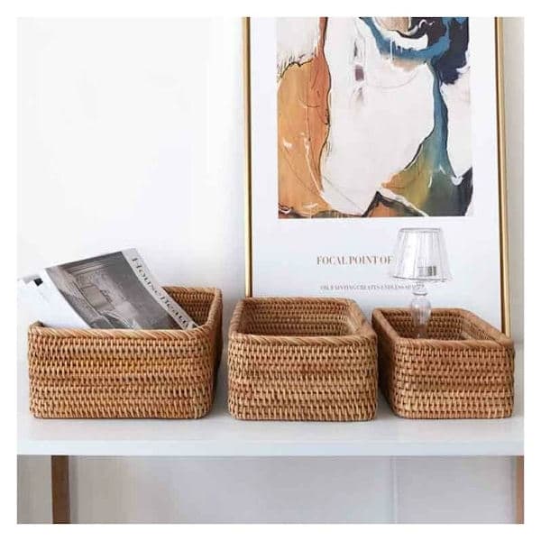 Rectangular Rattan Storage Basket, Rattan Fruit Basket, Natural Woven Organizer for Kitchen/Dining Room (Set of 3)