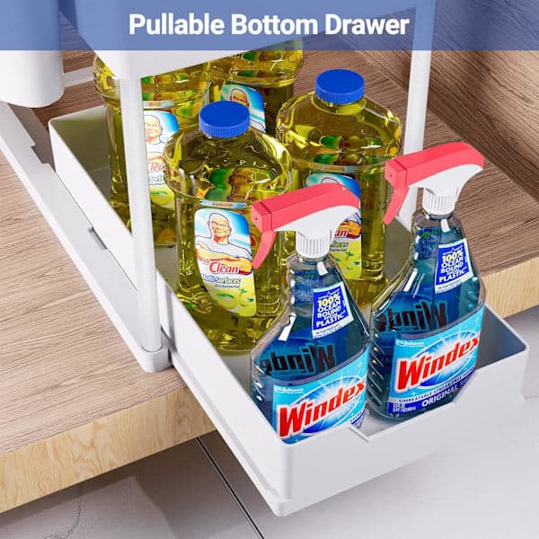 1-pack Kitchen Storage Under Sink, 2-Tier Under Sink Shelf with Pull-Out Drawer, Versatile Bathroom Storage Under Sink for Cou White White 1