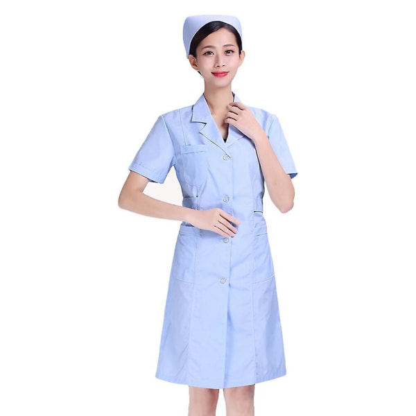 Blue Short Sleeve Uniform Beautician Nursing White Coat Cotton Hospital Apparel Clothes V Neck Labou