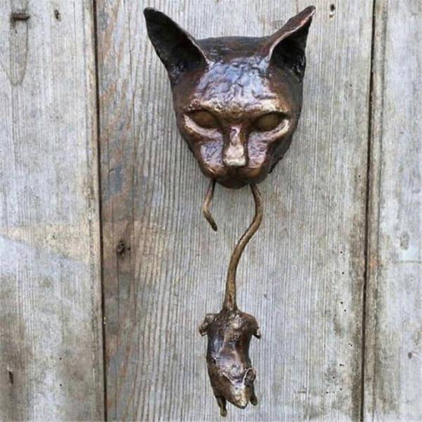 Cat and Mouse Wall Hanging Door Knocker Sculpture Brown Cast Front Door Decor Handmade