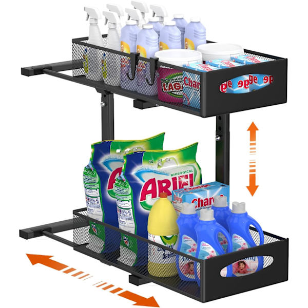 Metal Storage Under Sink, 2-Tier Pull-Out Kitchen Shelf Under Sink with Adjustable Height, Under Sink Organizer