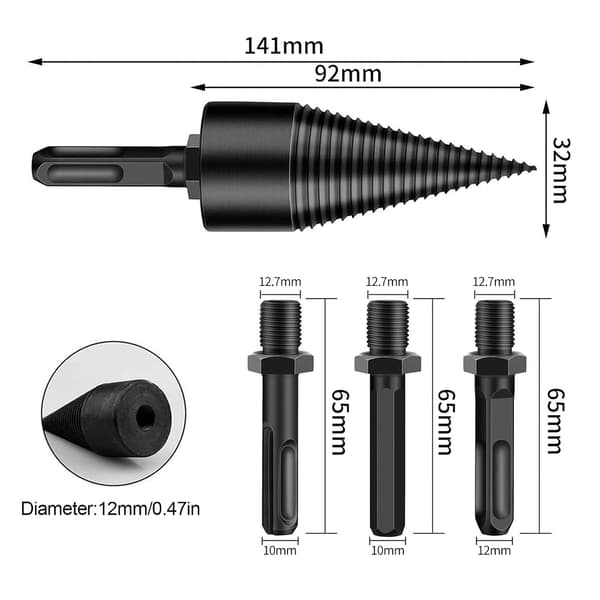 4 pcs Log Splitter, Firewood Drill Wood Splitter 32mm, 3 Handles Round+Square+Hexagonal, Removable Firewood Splitter Electric Drill Bits