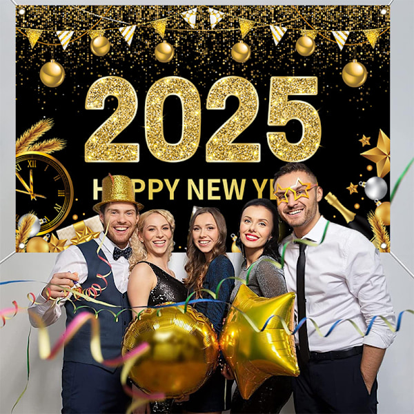 Sort Happy New Year Banner Dekorationer 2025, Fyrværkeri Nytårs Skilt Baggrund til Fest Have Dekorationer