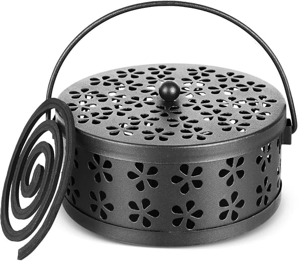 Retro Portable Iron Mosquito Coil Holder with Handle Round Fireproof Incense Holder (Black)