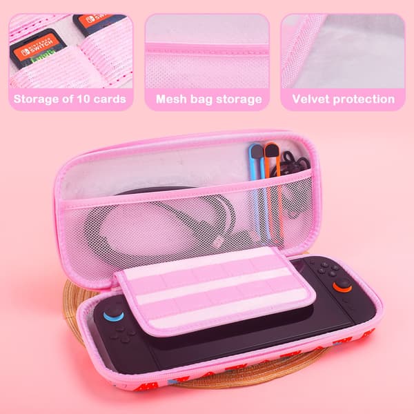 Switch 2 Case with Shoulder Strap - Pink Strawberry Design, EVA Hard Shell, Portable Handbag for NS2 Game Console