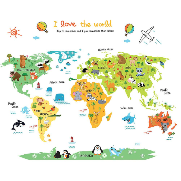 Kreativa djur Världskarta Tecknad gör-det-själv Avtagbara väggdekaler Barnrum Barnkammare Bakgrund Heminredning