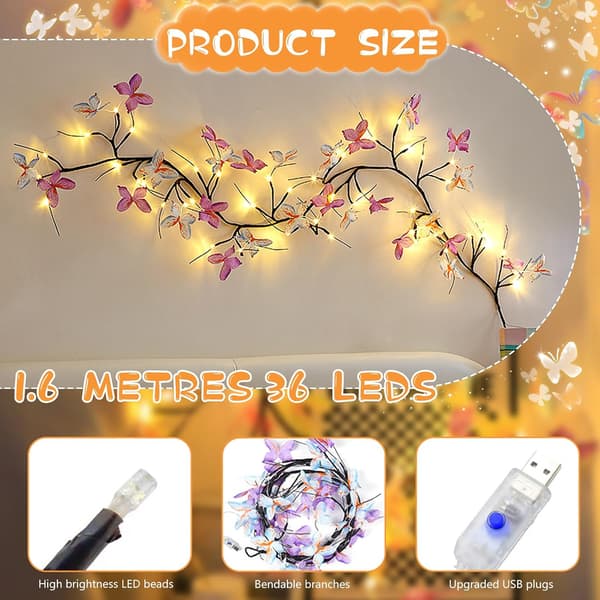 wxsp - 1 pc Colorful Butterfly LED Lights - 1.6 Meter 36 LEDs - USB Powered - 8 Modes with Remote Control - Flexible Mood Light