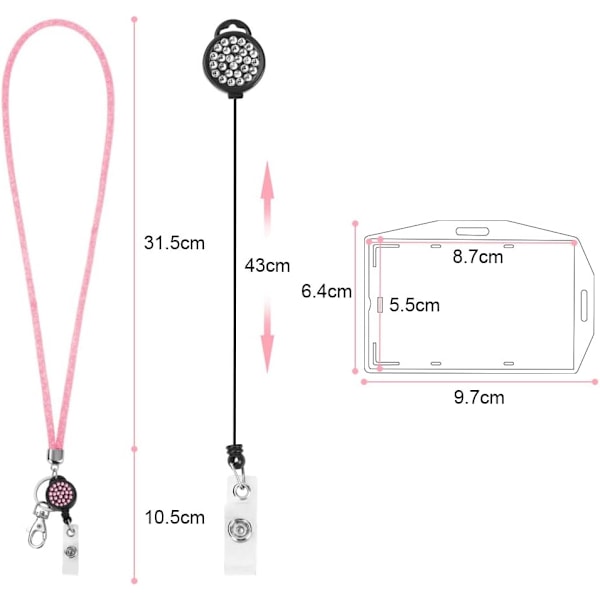 Korthållare med lanyard, kristall-lanyard med transparent ID-korthållare, lanyard och brickhållare set, nyckelringsbrickhållare och halsrem för nycklar Pink