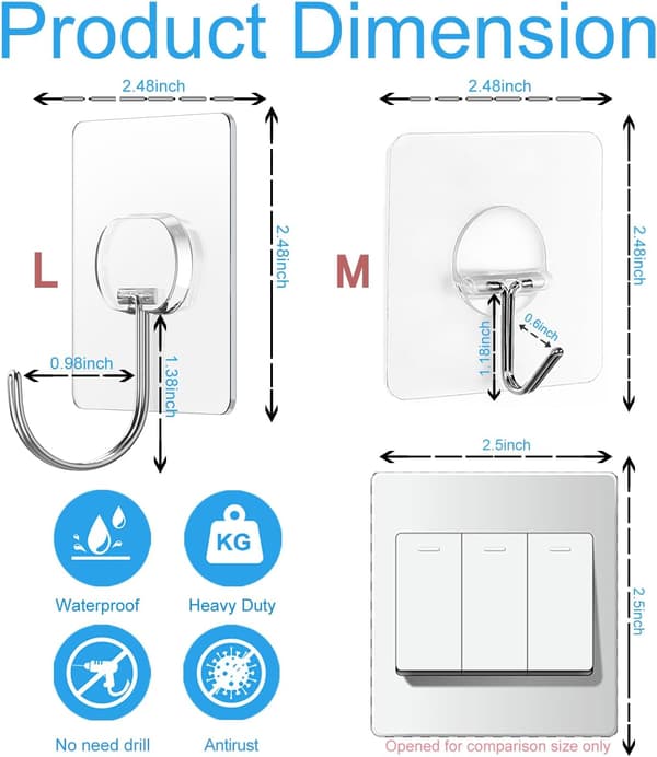 Large Adhesive Hooks for Hanging Heavy Duty Wall Hooks Self Adhesive Towel Hooks Waterproof Transparent Hook for Bathroom Shower Kitchen Keys
