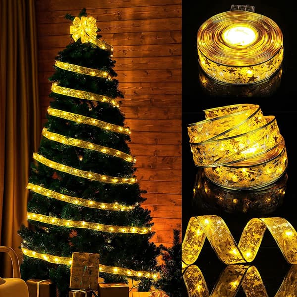 Christmas Tree Ornament Light String Ribbon Light String for Party Wedding Holiday Christmas Tree Decoration (Golden Warm Light)