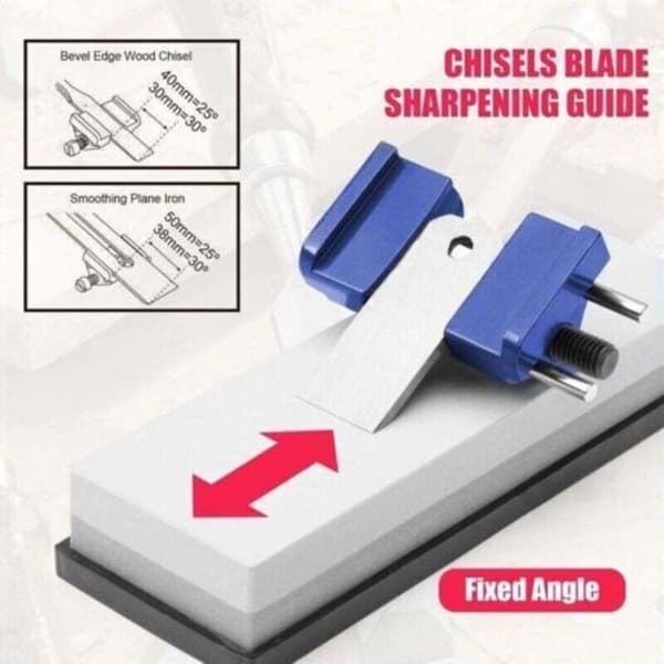 Slipguide - Rustfritt stål - Sideklemming - Fast vinkel - Med rulle for tremeisler, høvelblader, flate meisler - Blå