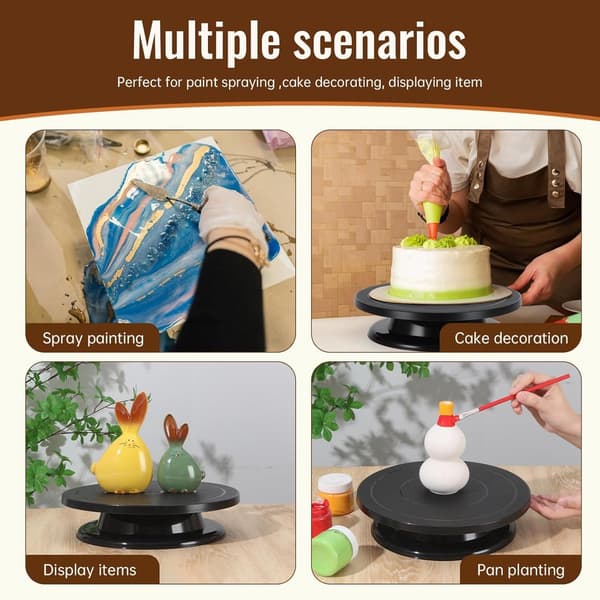 Rotating Cake Turntable, 360° Smooth Spin with Non-Slip ABS Surface and 2 Spatulas, for Baking, Ceramics, and Crafts, Black, 27 cm W B