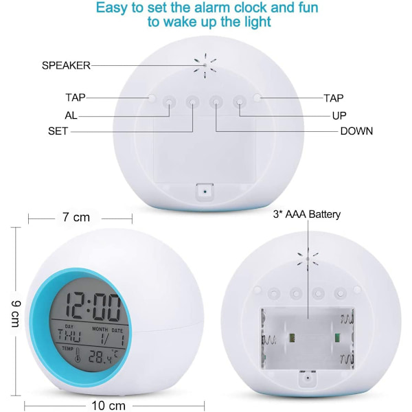 Alarmklokke, digital klokke med 7-farget nattlys, alarmklokker for gutter og jenter, batteridrevet funksjon, klokke for nattbord