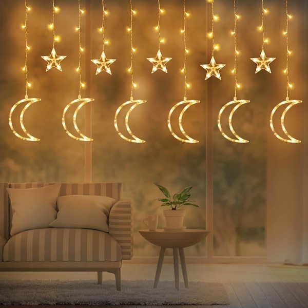 LED Tähti Kuu Verho Valot Ramadan-koristeluun, USB-käyttöiset Eid Mubarak -keijuvalot sisätiloihin, häihin, juhliin, makuuhuoneeseen, terassille, nurmikolle Ramadan Home Decoration (8 lägen)