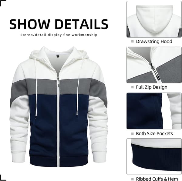 Fleece hettegenser for menn, uformell hettegenser med kontrastfarge og kengurulomme Hvit S White S