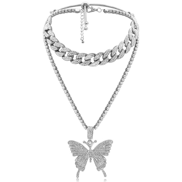 Hip Hop Guld Kristall Choker Halsband Kedja med Bling Bling Strass Big Butterfly hänge Halsband Smycken Modeaccessoar för tjejer