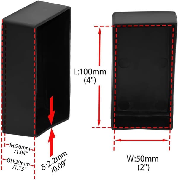 8-pack rektangulära, icke-märkande PVC-stolsbensskydd för stols- och möbelben (passar 50 x 100 mm, 2\" x 4\") Svart
