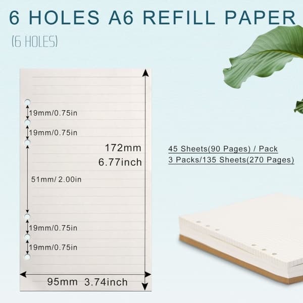 A6 Refillpapper, 3-pack 100GSM Tjockt Refillpapper 6 Håls Refillark Lösblad Refill 135 Ark (270 Sidor)