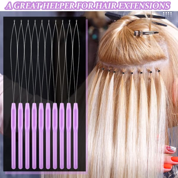 10 Pieces Hair Extension Loop Needle Threader Pulling Hook Tool and Bead Device Tool Loop Threader for Hair or Feather Extensions (Purple) Purple