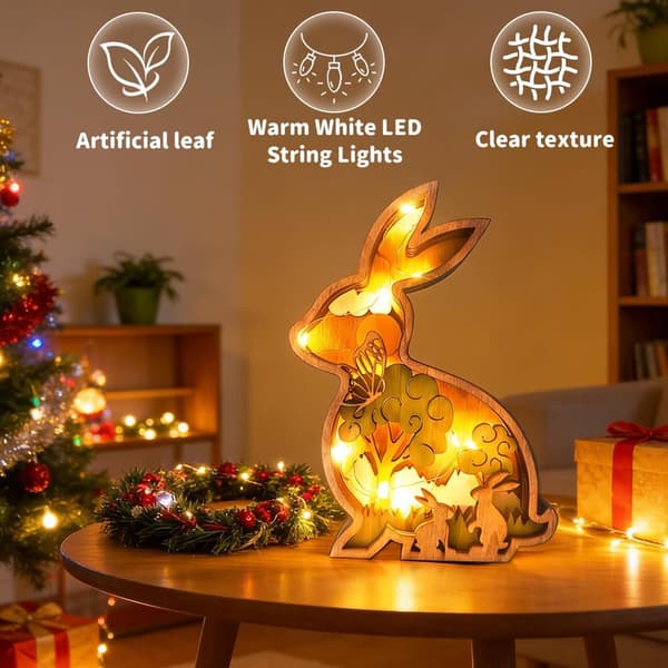 wxsp Dekorative træfigurer med LED-lys, 3D påskehare påskepynt med LED, oplyst påskepynt, dyr, træskulptur,