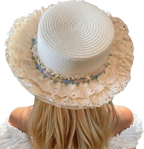 Dame Solhat Elegant Blondekant Bred Skygge Stråstrandhat Åndbar Let UV-beskyttelse Sommer