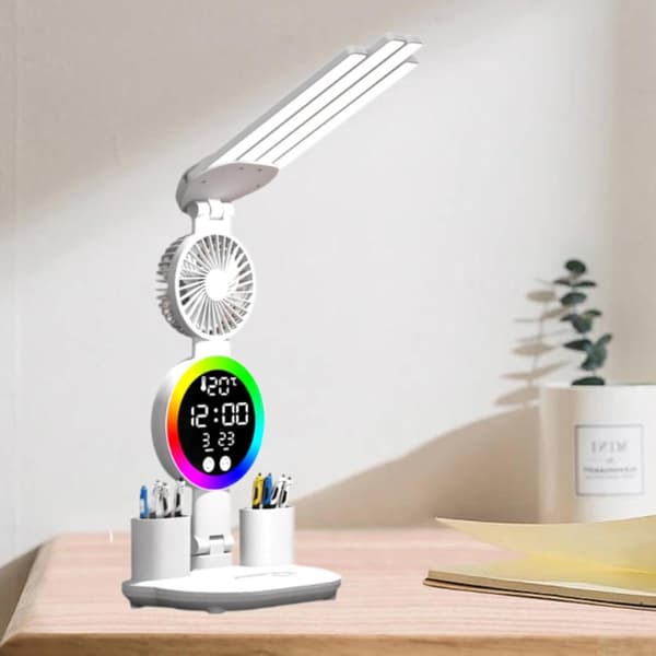 Desk Lamp Office Lamp Multifunction with Clock Date Temperature Reading Lamp with Fan 3200 Capacity-Rechargeable Model + Free USB Cable