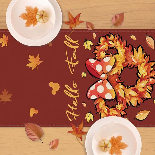 Autumn Cartoon Mouse Wreath Table Runner, White Fall Maple Leaf Kitchen Dining Table Decoration, 13 x 72 Inch, Autumn-Red
