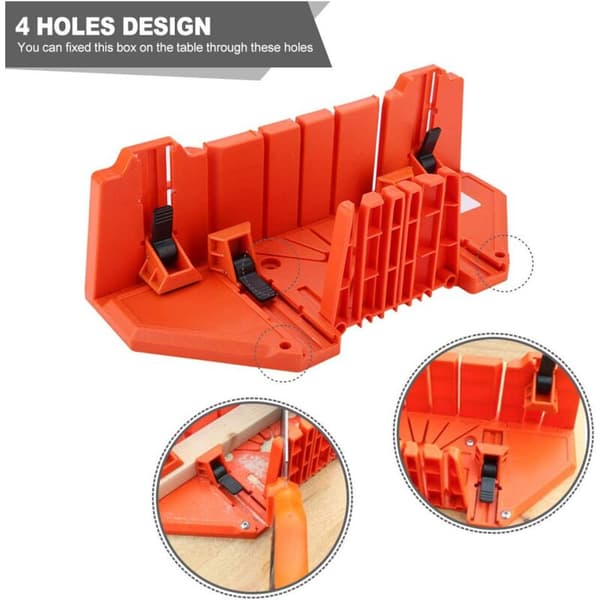 Miter box with saw guide, for cutting angles of 0°, 22.5°, 45° and 90°, designed for construction work.