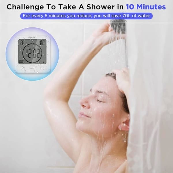 Shower Clock Waterproof, Digital Clock Timer with Alarm, Bathroom Clock with Suction Cup, Temperature and Humidity Display, 3 Mounting Methods White