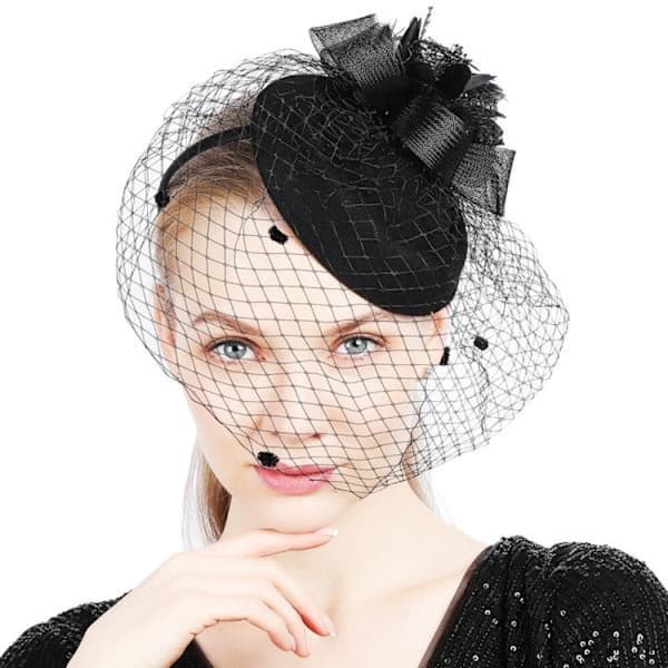 Slør med sløjfe fascinator hat net pandebånd til kvinder (sort)