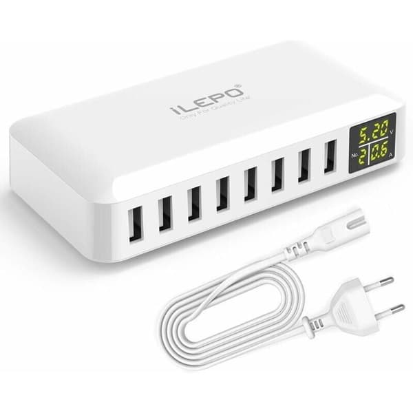 5V8A 8-Port USB Charger with LCD Display, Smart Charging Station Multiple USB Outlets Compatible with iPhone XS XR SE, iPad, Samsung Galaxy, Redmi, And