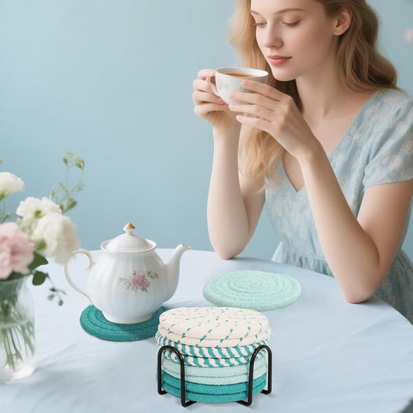 Lyseblå stofunderlag sæt med 8, turkis juleunderlag til drinks, absorberende vævede underlag med holder, stofunderlag til jul